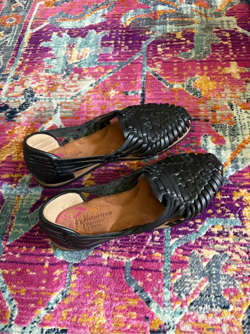 Comfortiva Black Woven Leather Slingback Moccasins
